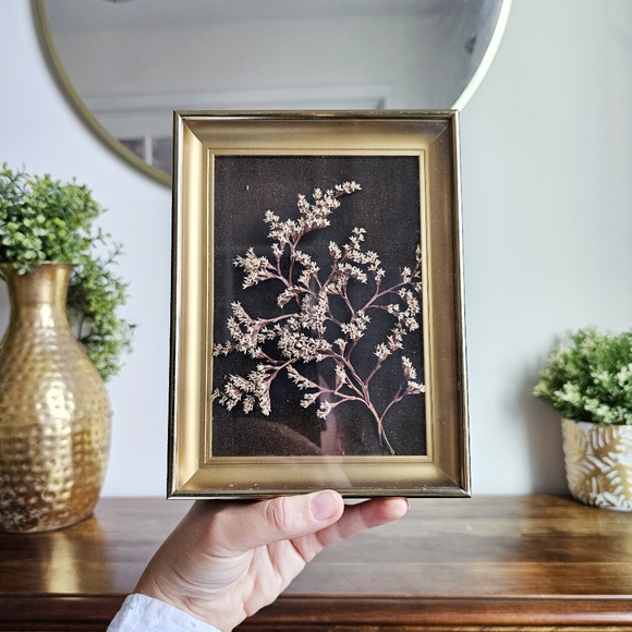 Vintage Gold And Brown Handmade Herbarium Dried Flower Art Box Metal Frame - Picture 1 of 14